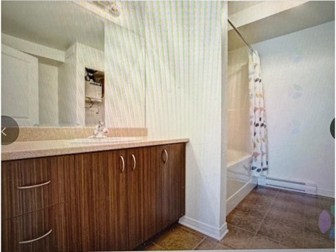 A bathroom with wooden cabinets and a shower curtain.