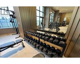 A well-equipped home gym with a row of dumbbells and a bench.
