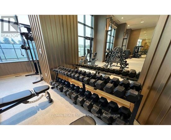 A well-equipped home gym with a row of dumbbells and a bench.