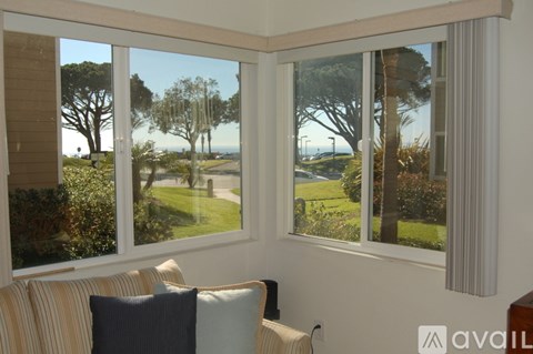 A living room with a couch and a view of the outdoors through the windows.