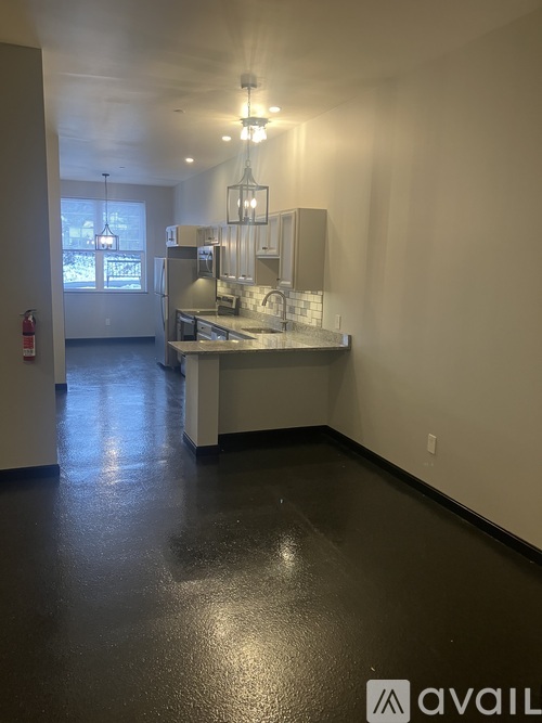 A kitchen area with a counter and a fridge.