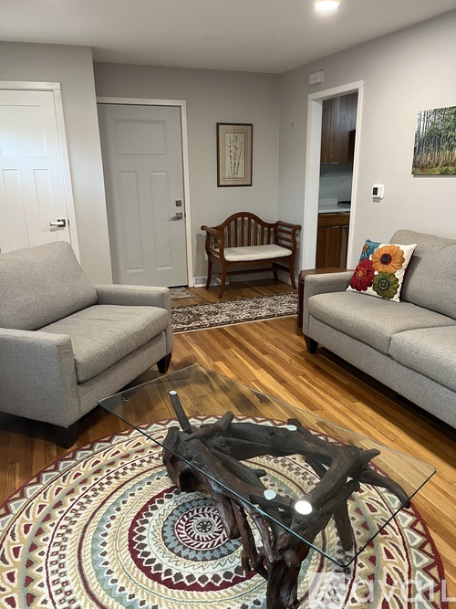 A living room with a rug, a coffee table, and two couches.