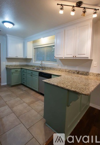 A kitchen with green cabinets and a granite countertop.