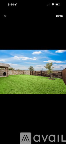 A grassy backyard with a wooden fence and a tree.