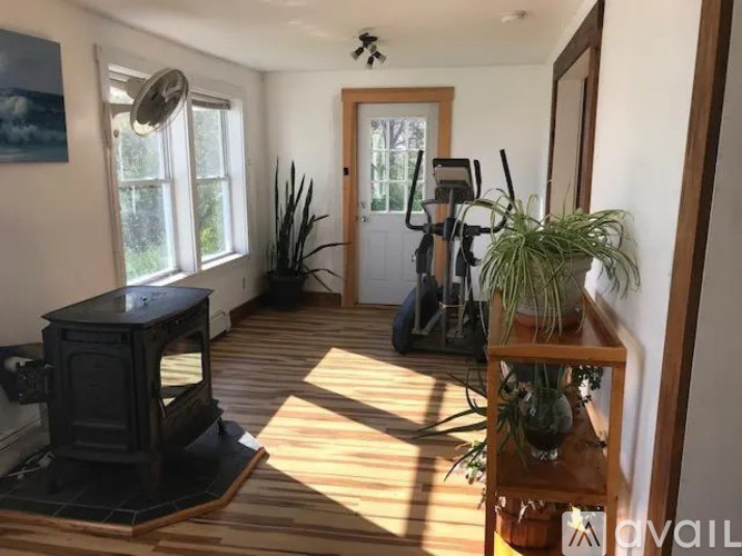 A living room with a wood burning stove and exercise equipment.