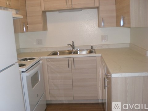 A kitchen with a white refrigerator, a white oven, and a white sink.