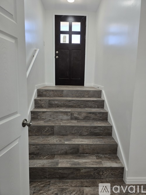A set of stairs with a black door at the top.