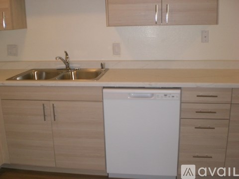 A kitchen with a white dishwasher and a sink.