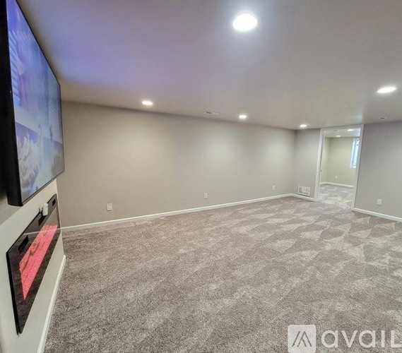 A spacious room with a carpeted floor and a television on the left side.