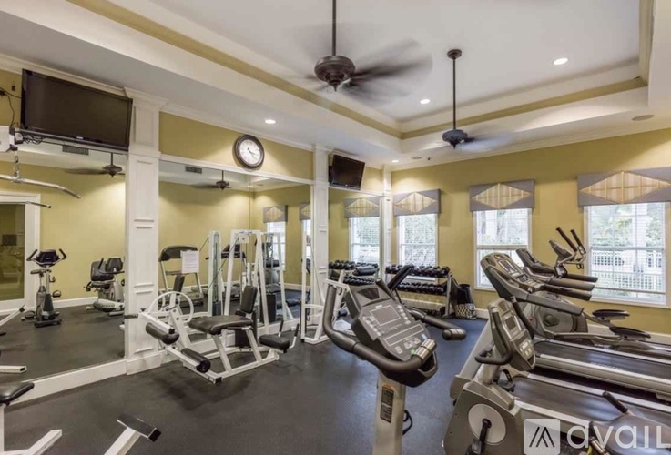 A gym with treadmills, elliptical machines, and a television.