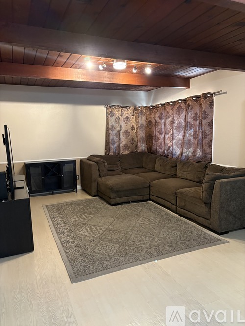 A living room with a brown sofa and a patterned rug.