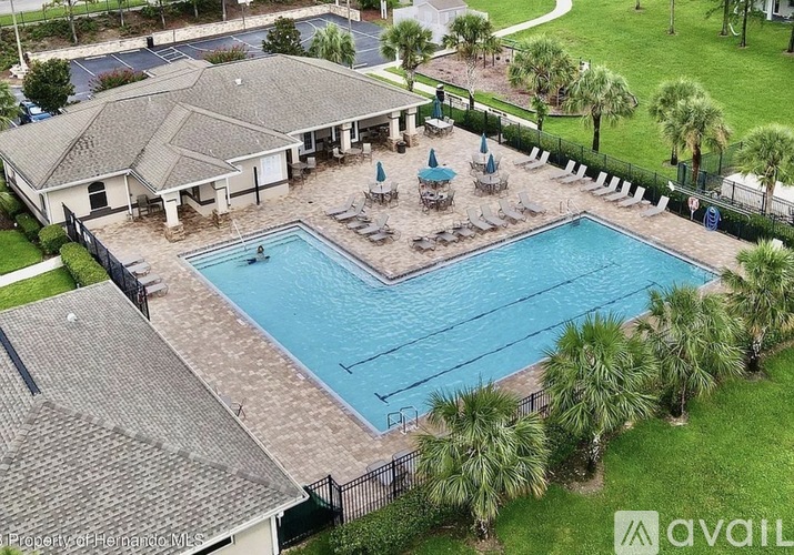 A large swimming pool surrounded by a fence and palm trees.