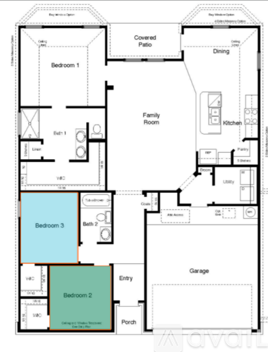 A floor plan of a house with three bedrooms and a garage.