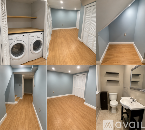 A series of images showing a laundry room, hallway, and bathroom.