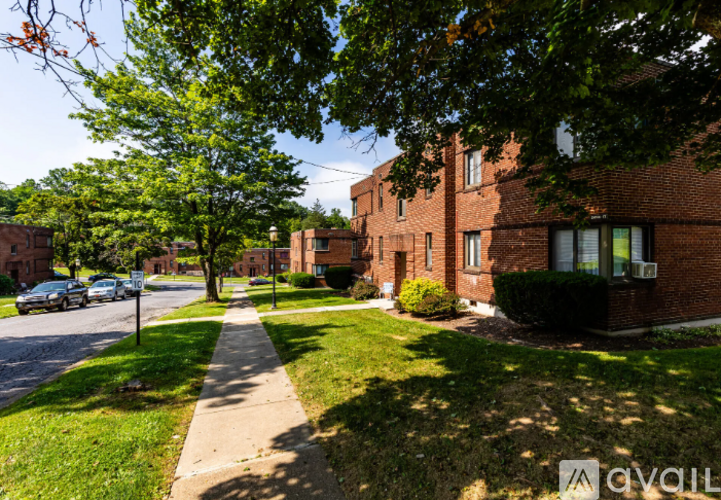 A street view of a residential area with houses and trees.