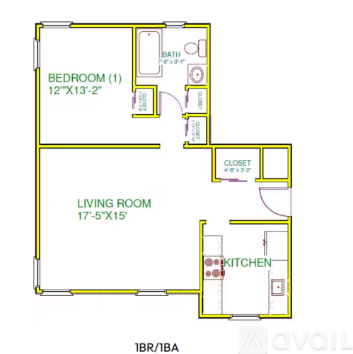 A floor plan of a one bedroom, one bathroom apartment.