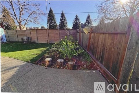 A backyard with a wooden fence and a small garden.