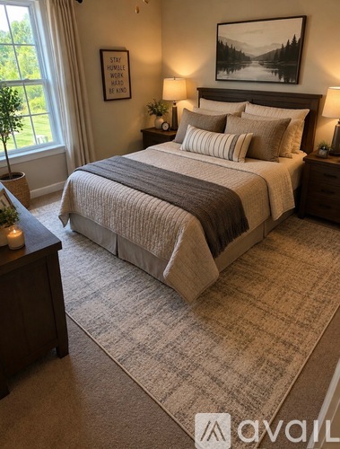 A bedroom with a large bed and a framed picture on the wall.
