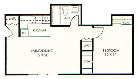 A floor plan of a house with a living/dining area, kitchen, bathroom, and bedroom.