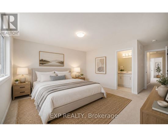 A bedroom with a large bed, a nightstand with a lamp, a painting on the wall, and a doorway leading to another room.