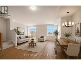 A well-lit, spacious dining room with a wooden table and chairs.