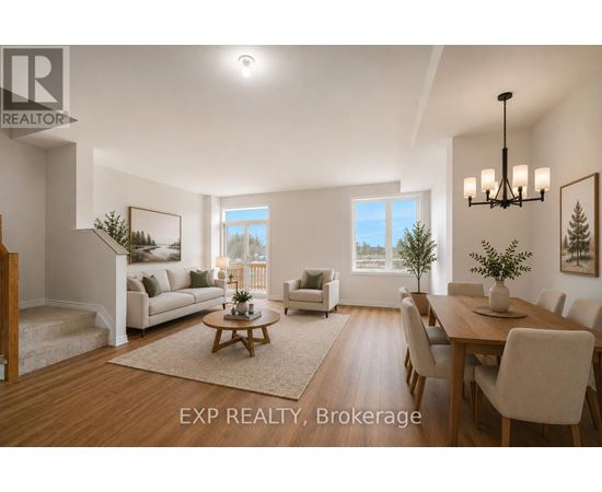 A well-lit, spacious dining room with a wooden table and chairs.