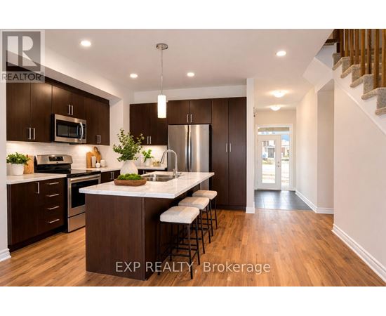 A modern kitchen with dark wood cabinets and a white island.
