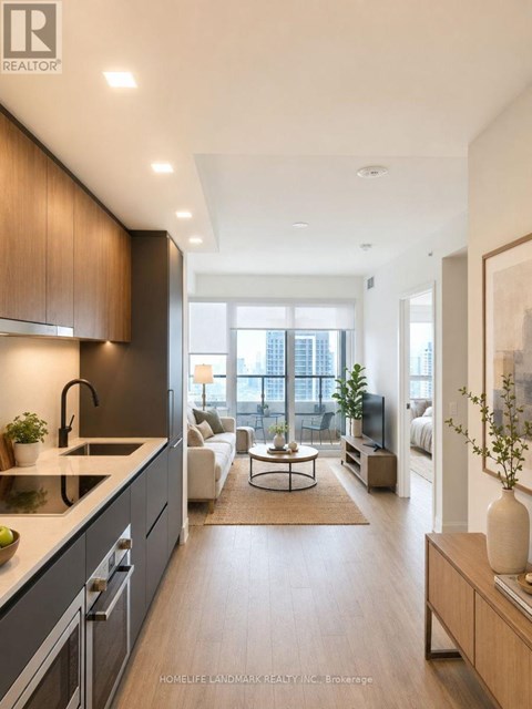 A modern kitchen with dark wood cabinets and a white countertop.