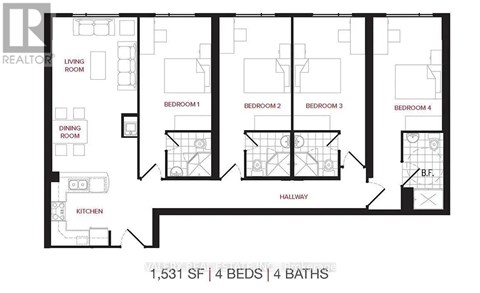 A floor plan of a house with 4 bedrooms, 4 bathrooms, and a living room.