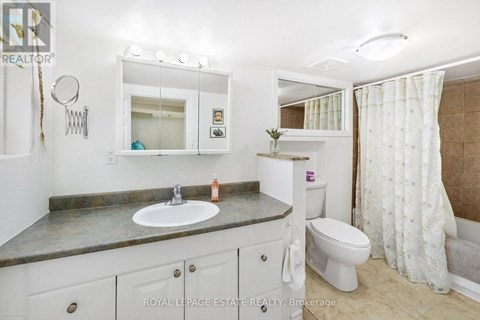 A bathroom with a sink, toilet, and mirror.