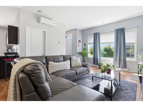 A modern living room with a grey sofa and a glass coffee table.
