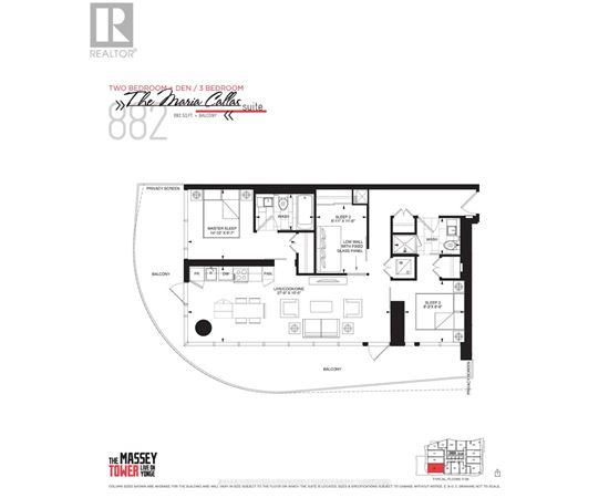 A floor plan for a two bedroom, den, and 3 bedroom suite at The Dallas Castle.