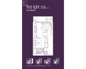 A purple poster displays a floor plan for the first light 535, a one bedroom apartment.