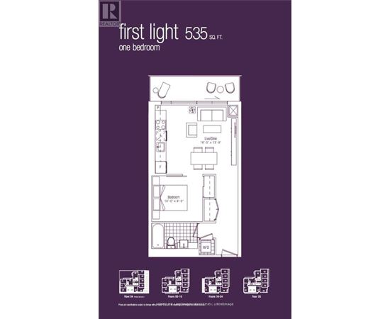 A purple poster displays a floor plan for the first light 535, a one bedroom apartment.