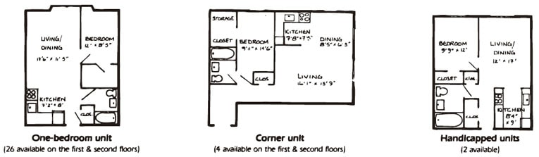 A diagram shows three different types of apartment layouts.