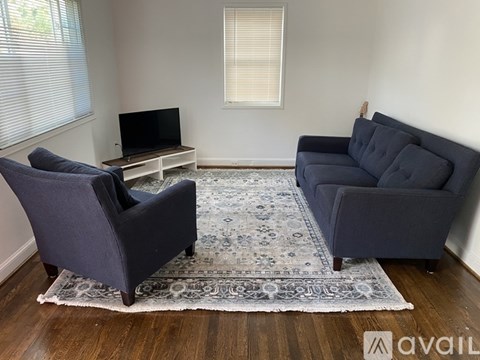 A living room with a grey sofa and a grey armchair with a rug in between.