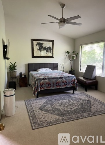 A bedroom with a bed, a chair, and a rug.