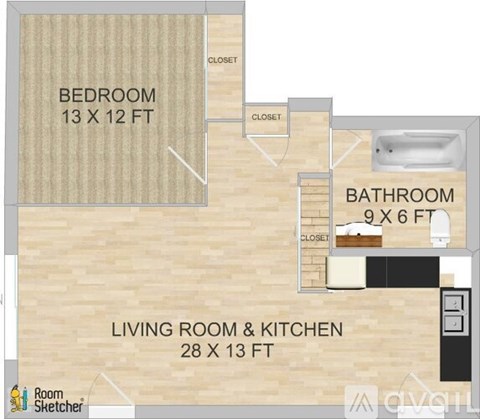 A floor plan shows a bedroom that is 13 x 12 feet.