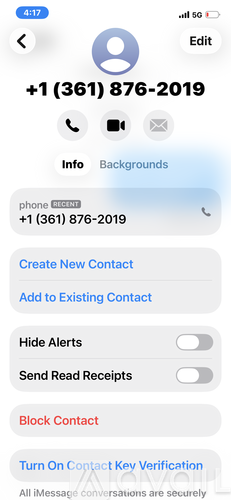 A screenshot of a phone interface showing a contact with options to create a new contact or add to an existing one.