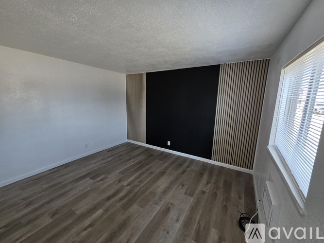 A room with wooden flooring and a black door.