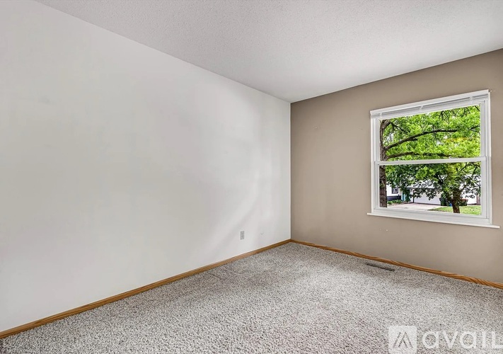 A room with a carpeted floor and a window showing trees outside.
