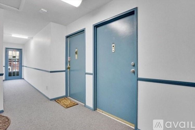 A hallway with two doors and a mat on the floor.