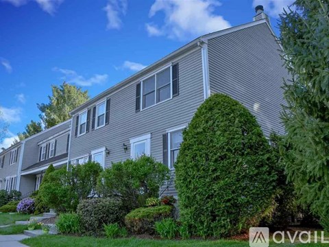 A grey house with a white door and windows surrounded by green bushes.