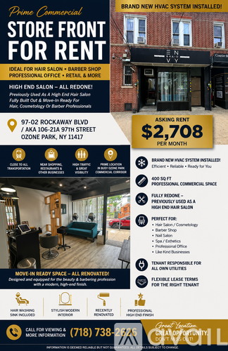 A flyer advertises a store front for rent at 97-02 Rockaway Blvd, Ozone Park, NY 11417.