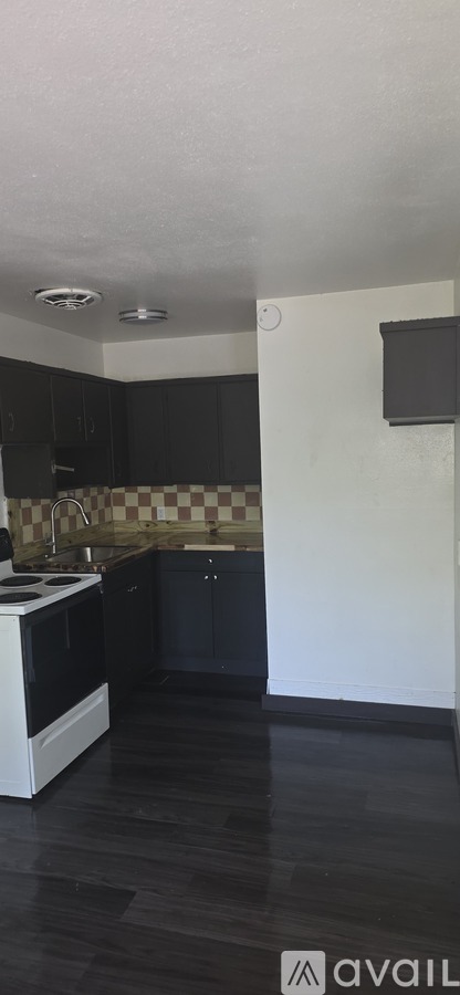 A kitchen with black cabinets and a checkered backsplash.