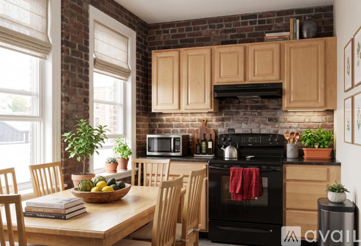 A kitchen with a brick wall and wooden cabinets.