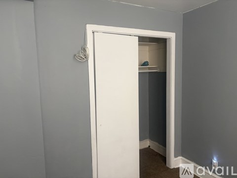 A white door is open to a small closet.