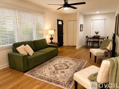 A living room with a green couch and a rug.