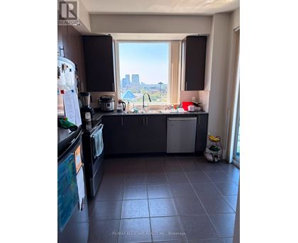 A kitchen with a view of the city.