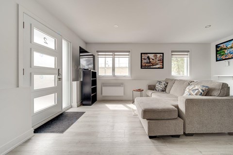 A living room with a grey couch and a black cabinet.